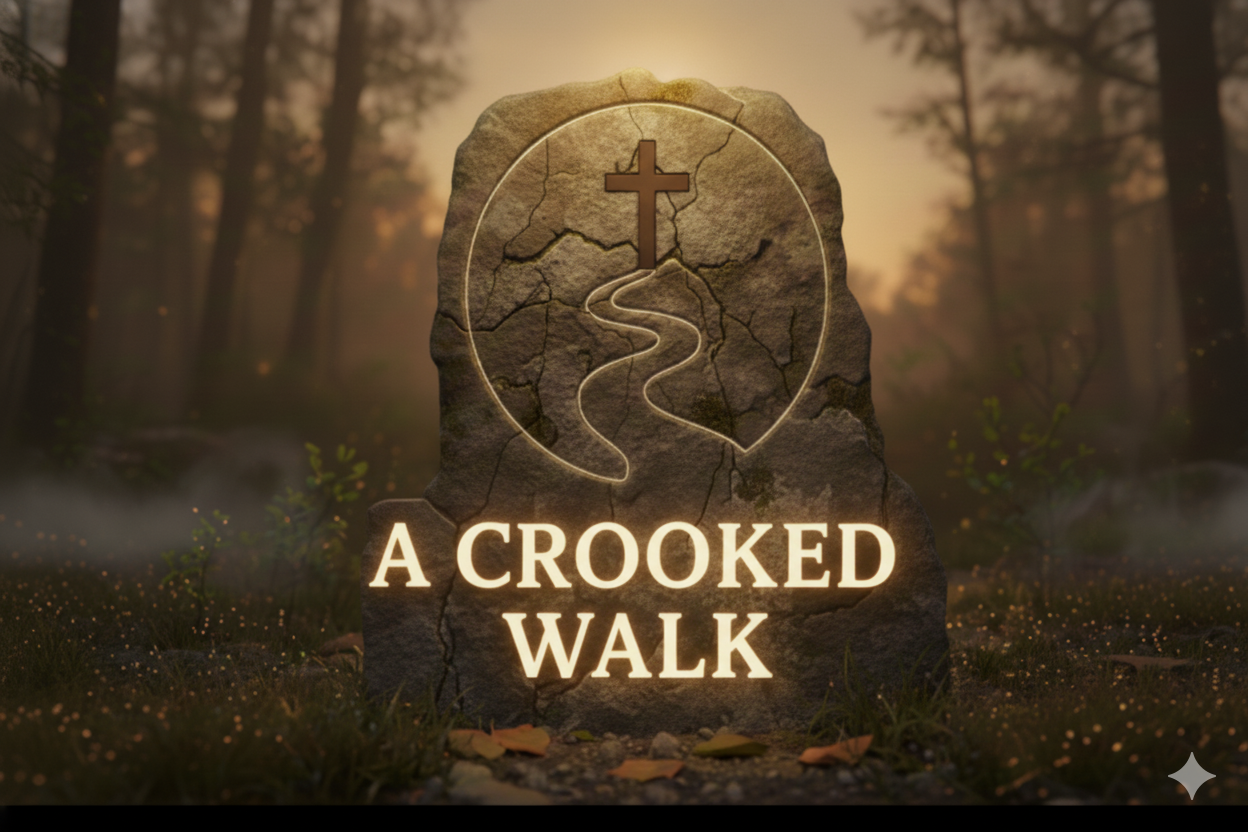 A Crooked Walk emblem – footprint, winding path, and cross